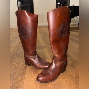 FRYE - Brown Leather Knee-High Riding Boots with logo design